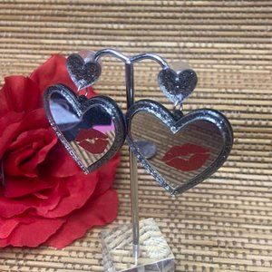 indie y2k 2000 00s mirror heart stud earrings with signature red kiss earrings